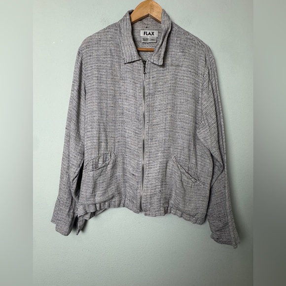 Flax Jackets & Blazers - FLAX 100% Linen Tweed Lightweight Full Zip Front Jacket Gray Black & White Small